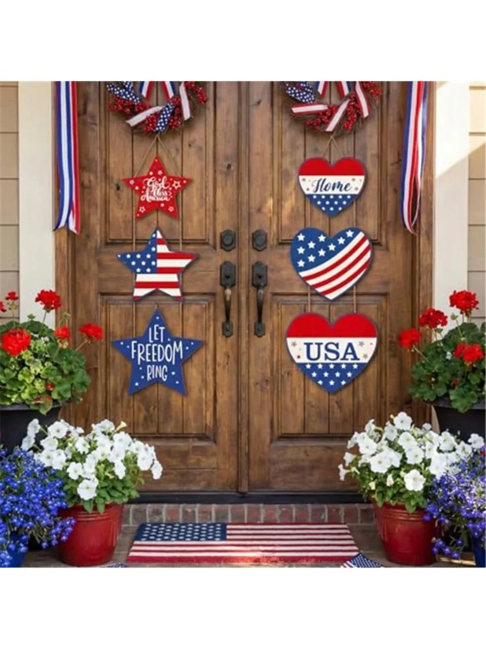2 Pcs 4th of July Door Sign Patriotic Decoration Wooden Star Heart Wreaths